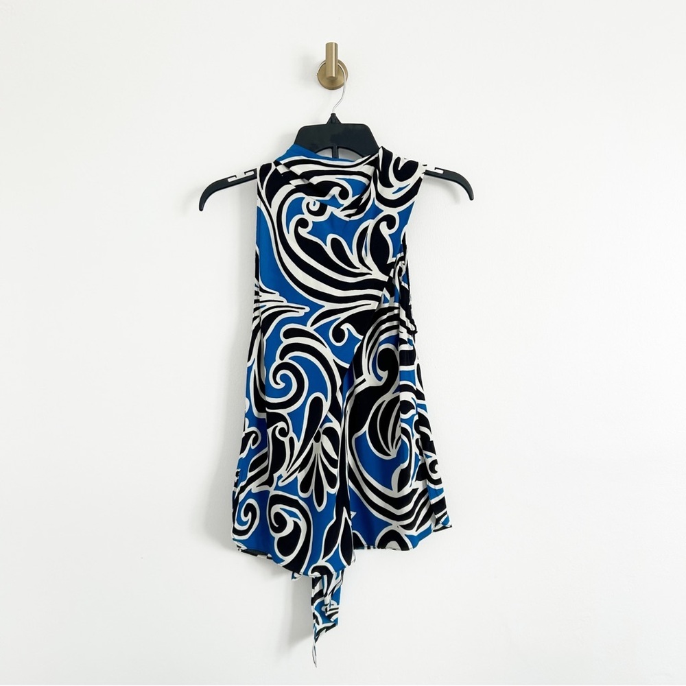 Zara Blue & Black Groovy Print Draped Neck Sleeveless Blouse Top Size XS